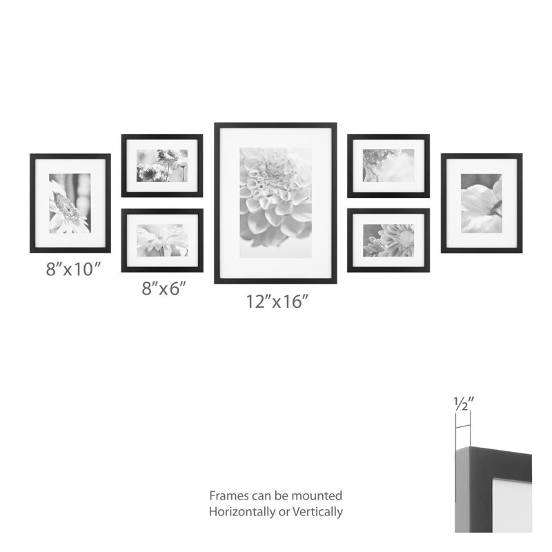 Gallery Wall Solid Wood Matted Picture Frame Kit - 7 Pieces with Two 8" x 10", Four 6" x 8", and One 12" x 16", Black