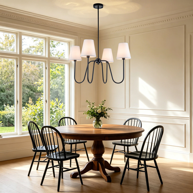Lustre classique / traditionnel à 4 lumières avec abat-jour en tissu blanc, Noir mat