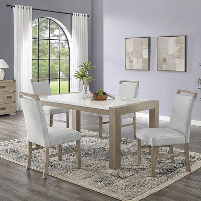 Ensemble de salle à manger 5 pièces avec plateau en faux marbre blanc et pieds en chêne clair pour la salle à manger, la table de cuisine et les chaises
