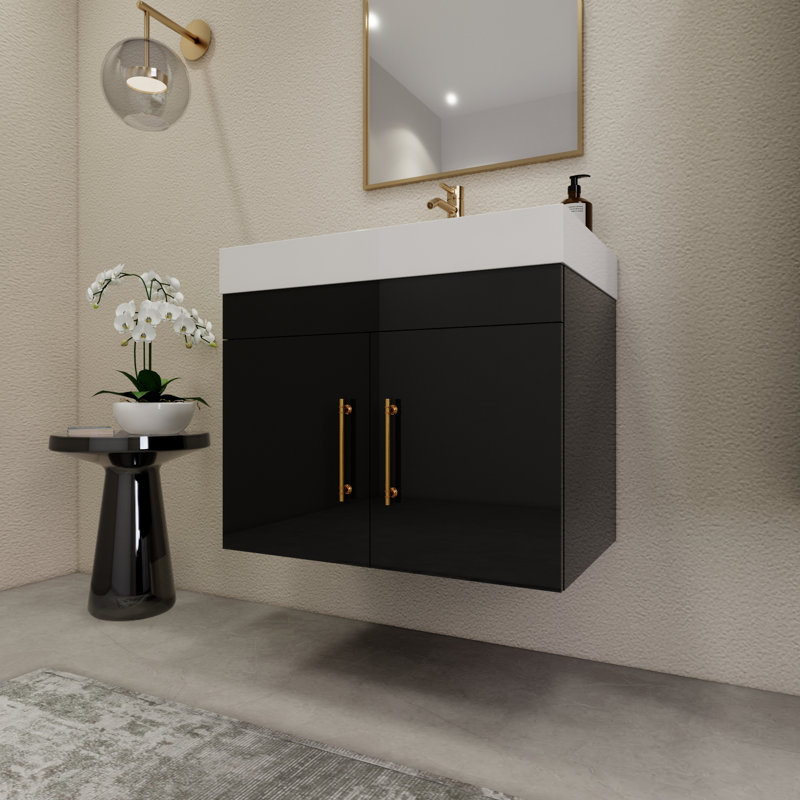 29.5" Wall-Mounted Single Bathroom Vanity Set, Glossy Black