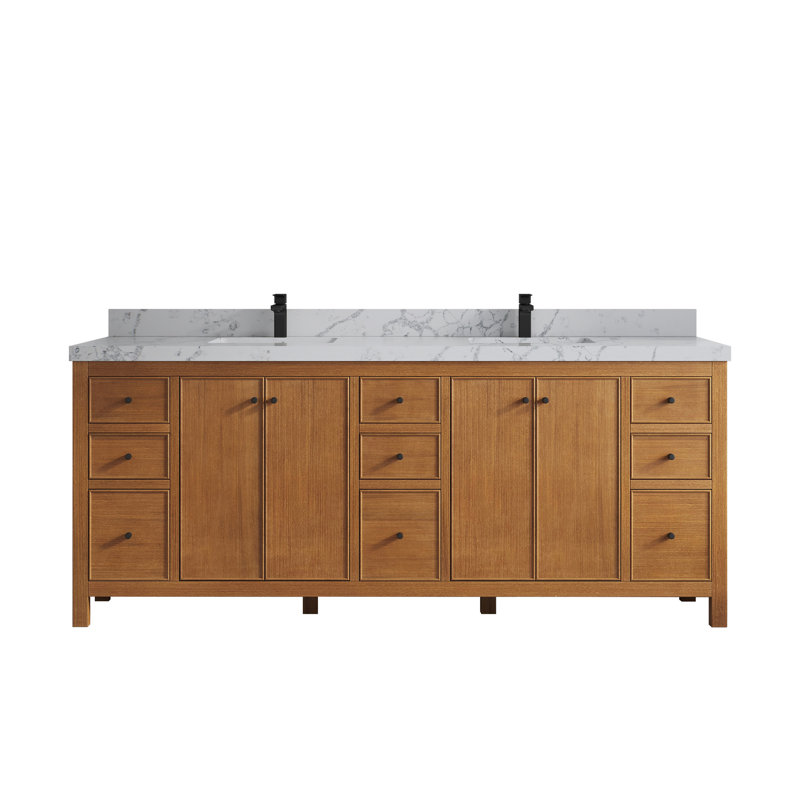 Meuble-lavabo double 84 po avec plateau en quartz Chicago Teak, Venatino
