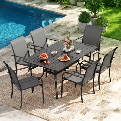 Behrens 6-Person Patio Dining Set with Rectangular Metal Dining Table and Stackable Textilene Armrest Chairs