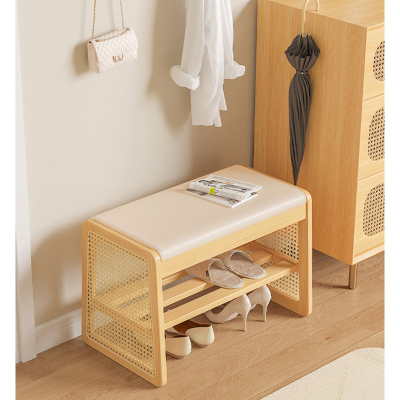Solid Wood Rattan Woven Shoe Changing Stool, Home Use, Can Sit Shoe Cabinet.