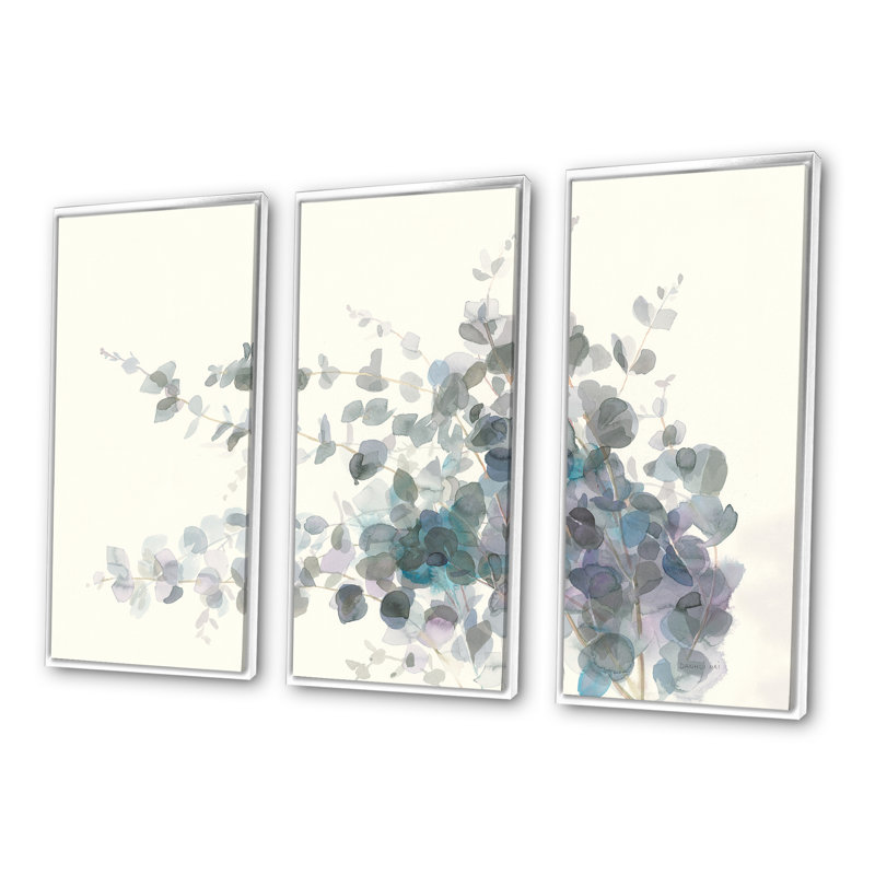 «Gray Watercolor Flower II», ensemble d'art mural sur toile encadré traditionnel de 3, Blanc, H 32 po x l 48 po