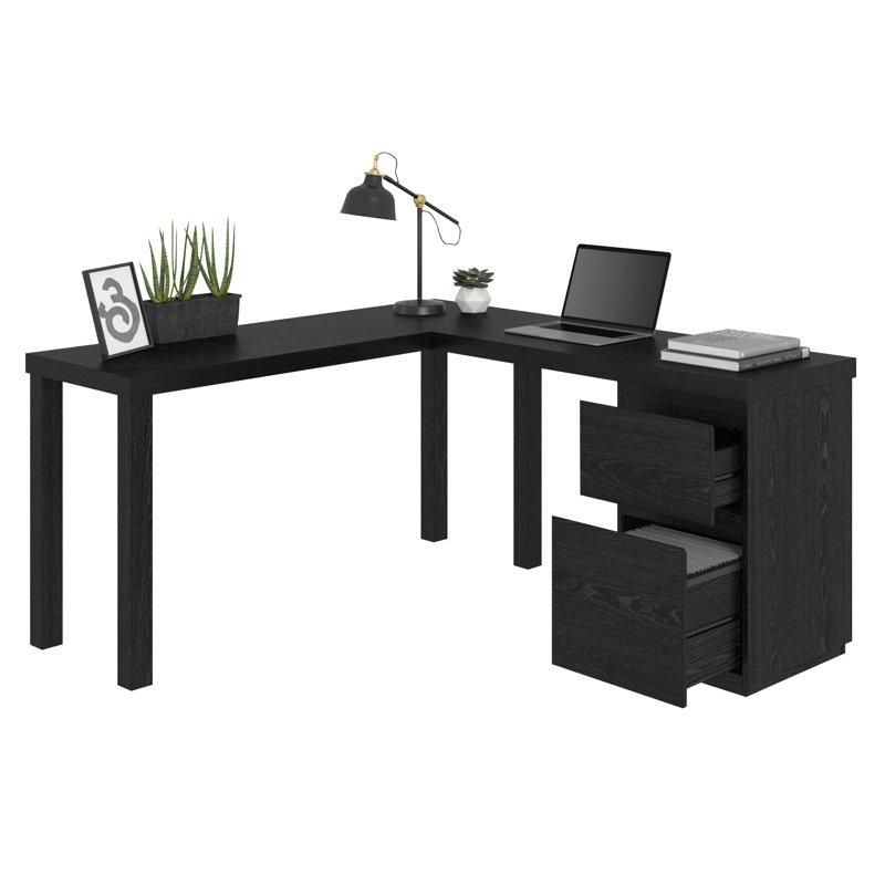 Bureau en bois en forme de L avec un design léger, brun