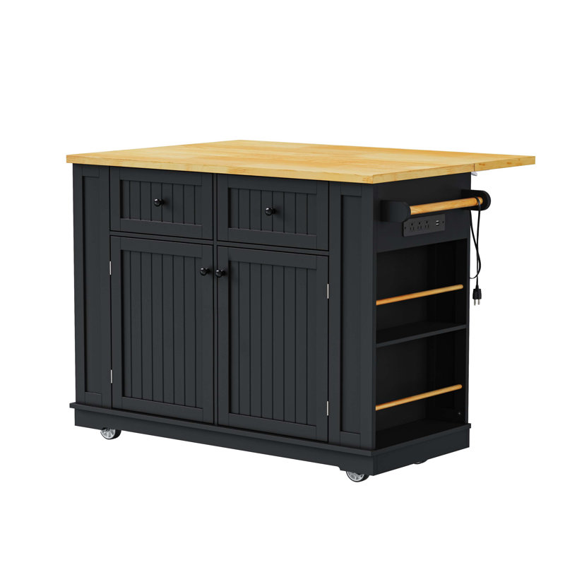 48Inch Kitchen Island With 2 Bar Stools, Power Outlet, Door Internal Storage Rack, Kitchen Storage Cart On 5 Wheels With Drop Leaf, 5 Side Racks, 2 Drawers