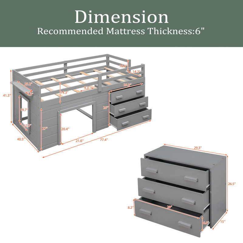 Lit mezzanine simple avec armoire et tablette, Gris