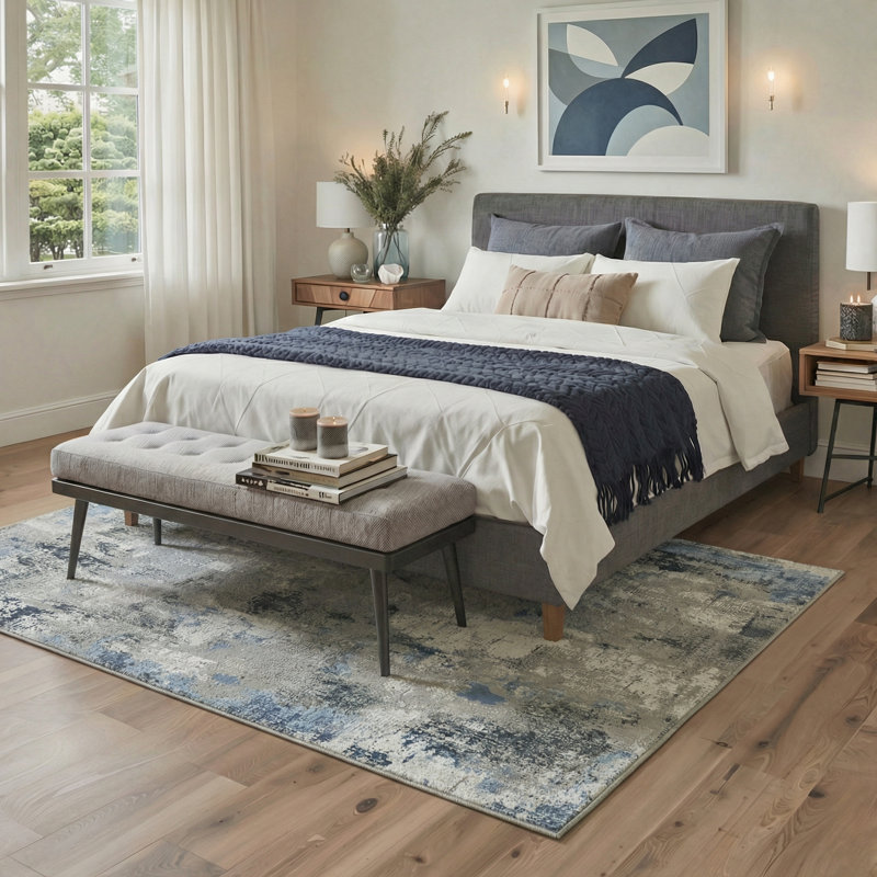 Mignone Artisan Flow Modern Machine Washable Slate Blue Indoor Area Rug With Non-Slip Backing, Rectangle 9' x 12'