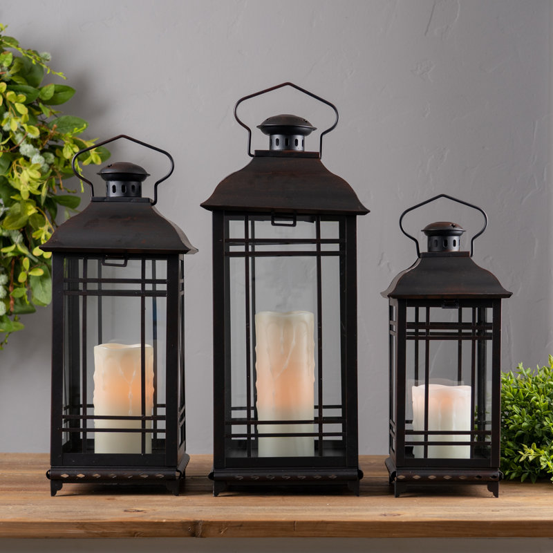 Traditional Black Metal Lantern (Set of 3), Black, 20" H x 8.5" W x 8.5" D