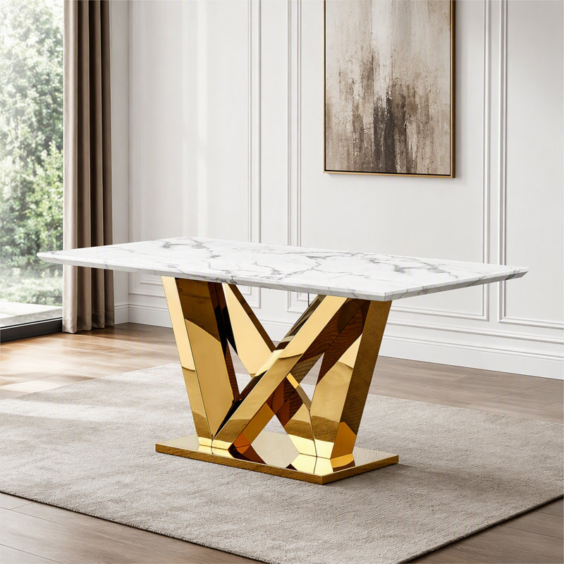 Rectangle Faux Marble Dining Table with Mirrored Stainless Steel Base, Gold+White