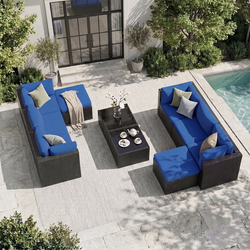 Canapé d'angle modulaire en résine tressée de 10 pièces avec pouf et coussins de 12 cm, Navy