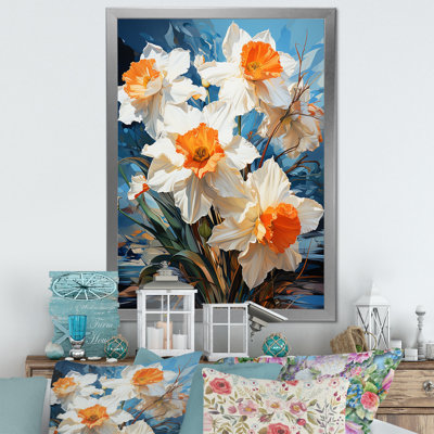 Jonquilles blanches et orange au printemps, reproduction sur toile