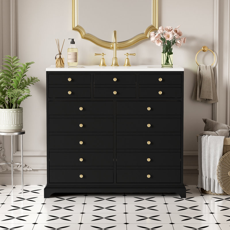  36'' Bathroom Vanity with Ceramic Sink Combo, Solid Wood Frame Freestanding Storage Cabinet with 2 Drawers and Soft Closing Doors, Black