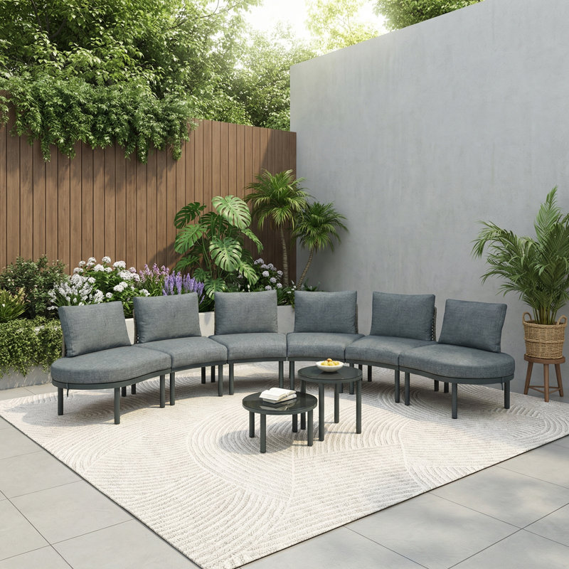 8-Pc Half-Moon PE Wicker Patio Set with 2 High-Low Coffee Tables & Cushions, Gray