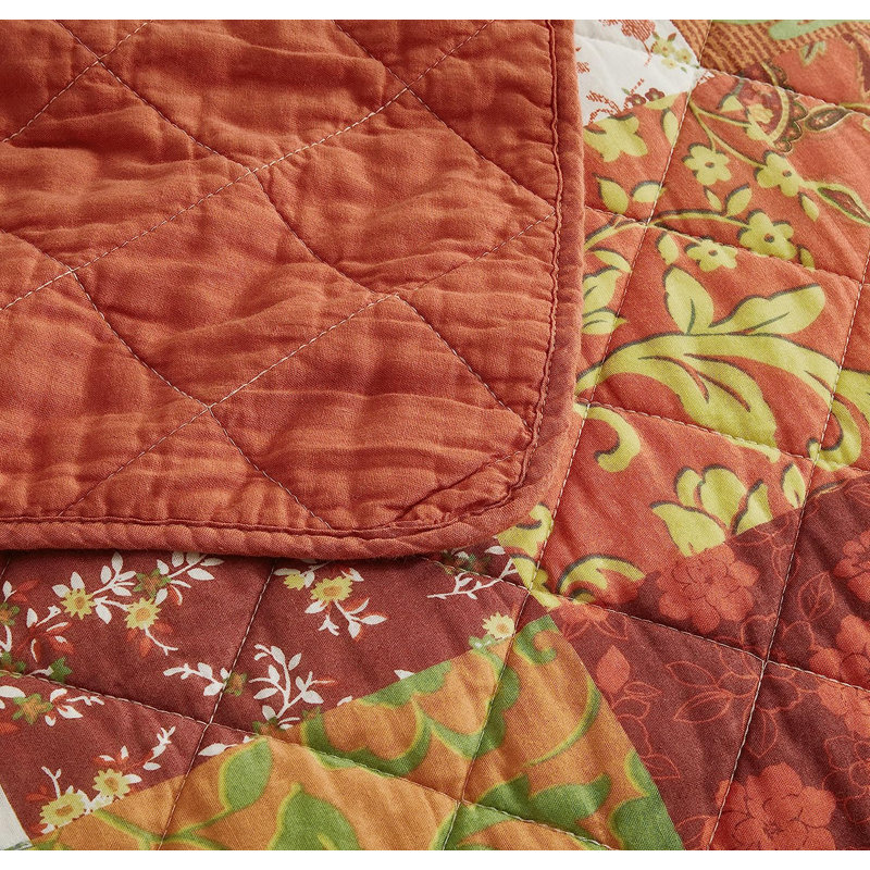 Boho Washed Cotton Floral Printed Patchwork Quilt Set, King Quilt + 2 King Shams, Orange/Green/White