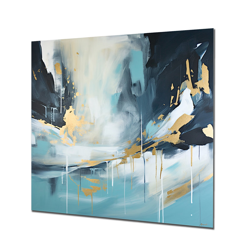 «Gold and Blue Abstract Expression 2», art mural abstrait en métal, H 29 po x l 29 po