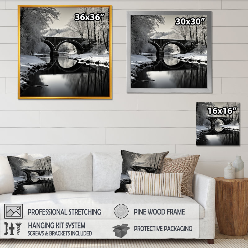 «Bridges Winter Scenery» sur toile, Cadre simple noir, H 36 po x l 36 po x P 1,5 po