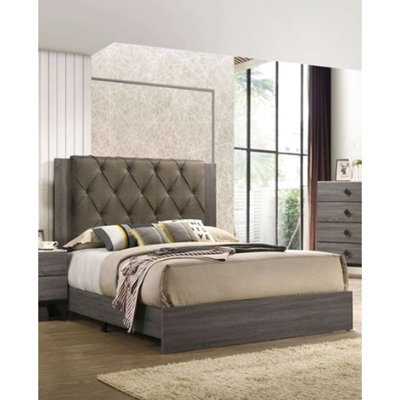 Finition en chêne rustique gris, lit, tissu capitonné, tête de lit, structure en bois, pieds fuselés, 4 lattes, sommier à ressorts, capacité de poids, espace disponible pour le lit à panneau
