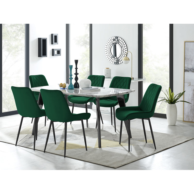 Anders Modern Veneer Marble Effect Dining Table Set with 6 Luxury Velvet Dining Chairs, Green/Black