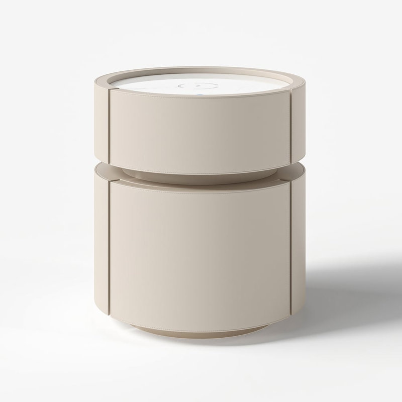 Saddle Leather Round Bedside Table With Sintered Stone Top, Led Light & Wireless Charging