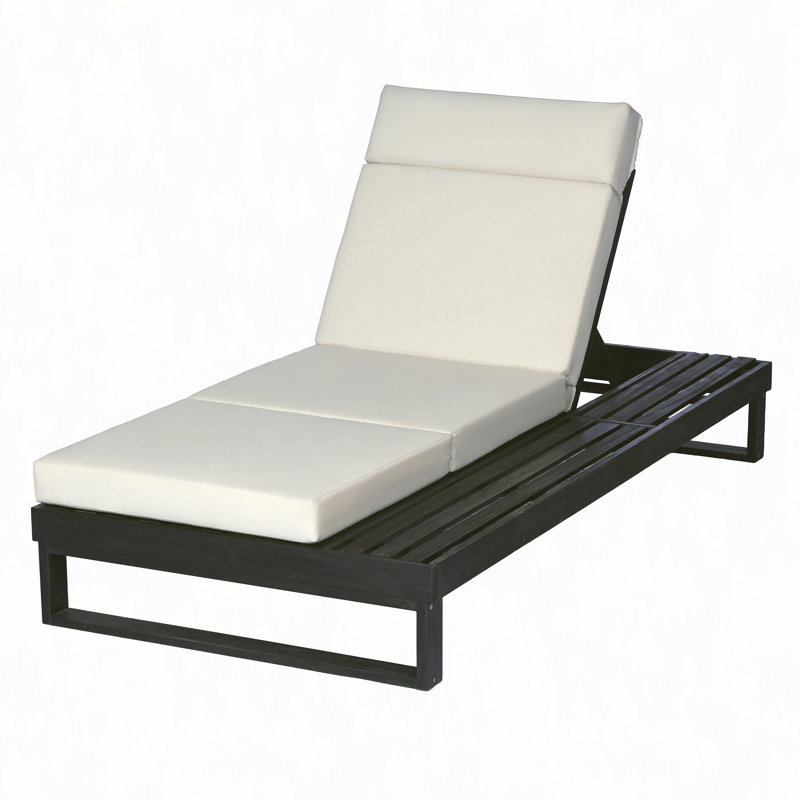 Chaise longue en bois d'acacia avec ensemble de coussins beige 4 plis 4 po, chaise longue d'extérieur réglable avec surface latérale plate, pour bord de piscine