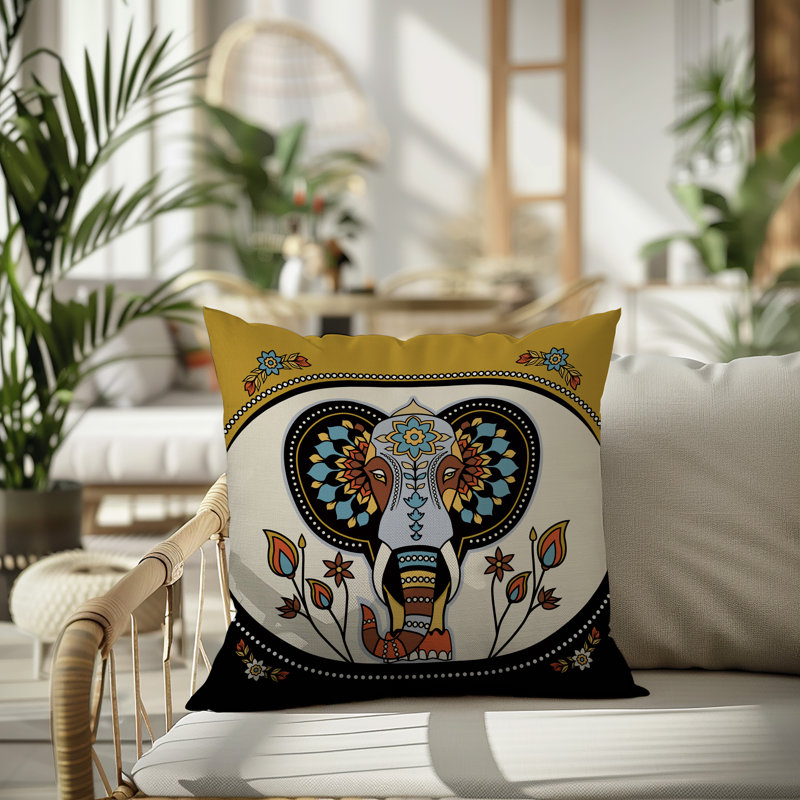 Coussin intérieur / extérieur Indra Elephant, Carré 15 po, Noir / or / bleu / orange