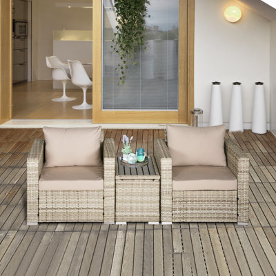 Ensemble de fauteuils d'extérieur en rotin 3 pièces avec design reconfigurable, coussins lavables et table, gris