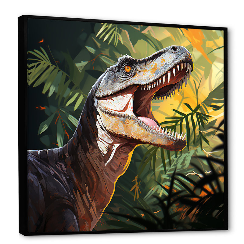 Dinosaur gris et vert «Call I» - art de mur de dinosaure, H 16 po x l 16 po x P 1 po, Cadre flottant noir