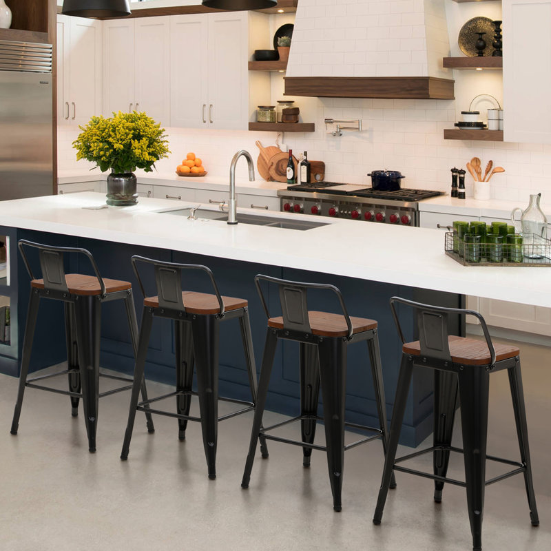 Solid Wood Counter Stool with Steel Frame, Black