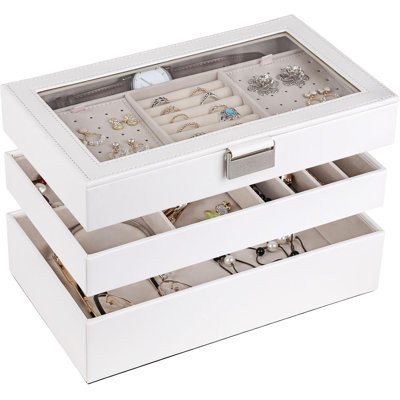 Ebern Designs Jewelry Tray, Stackable Jewelry Box, Drawer Jewelry Organizer, with Glass Lid, Removable Dividers, for Vanity Table, Gift Idea (3 Tier)