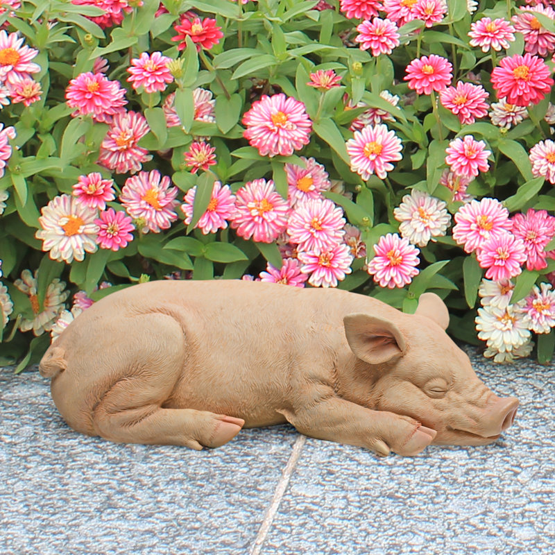 Adorable Beige Resin Sleeping Pig Garden Statue