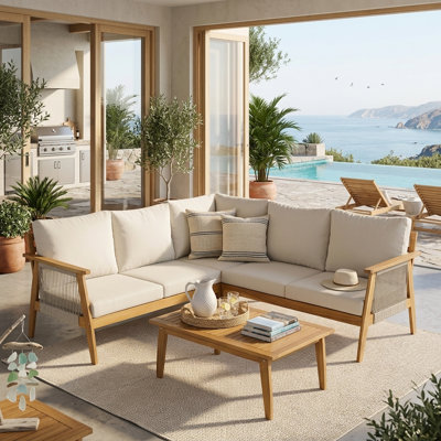 Ensemble de canapés modulaires d'extérieur en bois d'acacia 4 pièces avec tissage en corde et coussins hydrofuges, ensemble de conversation pour terrasse droite / gauche avec table basse