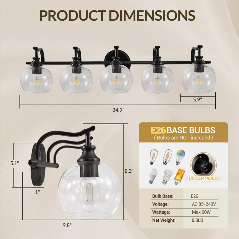 Luminaire de meuble-lavabo 5 lumières, applique murale industrielle avec abat-jour en verre transparent, fini noir mat pour les grandes salles de bain et les meubles-lavabos doubles
