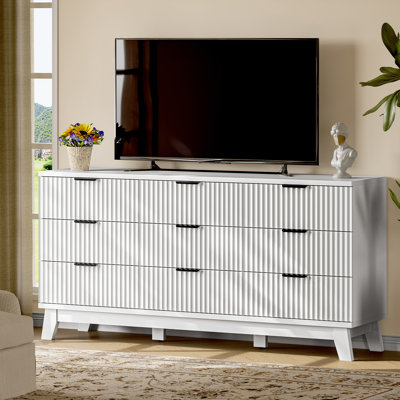 9-Drawer Fluted Dresser, 63" Extra Wide Entertainment Center & Storage Organizer, Mid-Century Modern Chest for Living Room, Bedroom