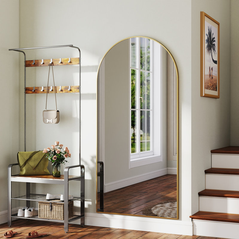 Arched Full-Length Mirror, Aluminum Alloy Frame, Tempered Glass Floor Mirror, 71" x 32", Brushed Brass