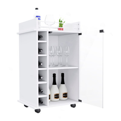 Bar Cart Baltimore, Six Wine Cubbies, Glass Door, Four Caster, Two Shelves