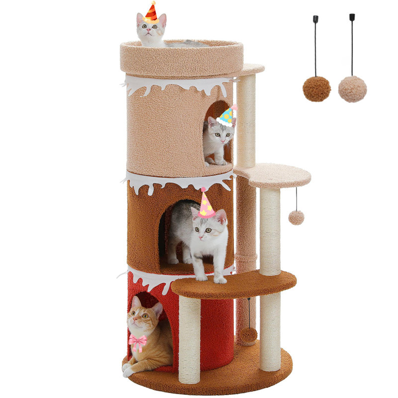 Arbre à chat en forme de gâteau avec appartement à trois niveaux et plateforme de saut, Rose