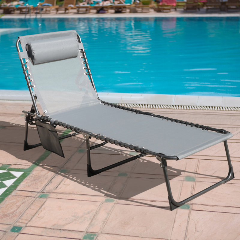 74" Long Reclining Single Chaise Lounge with Pillow and Bag, Portable Beach Lounger, Gray, Gray