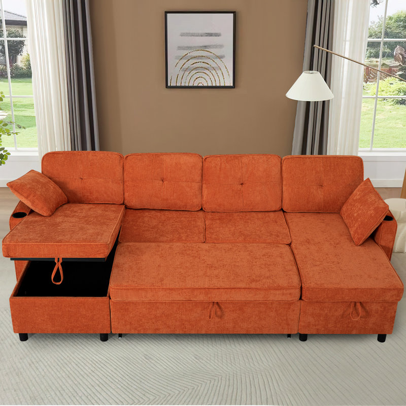 108" U-Shape Sectional Sleeper Sofa Bed With Adjustable Backrest And Pull Out Bed For Living Room, Apartment, Orange Chenille