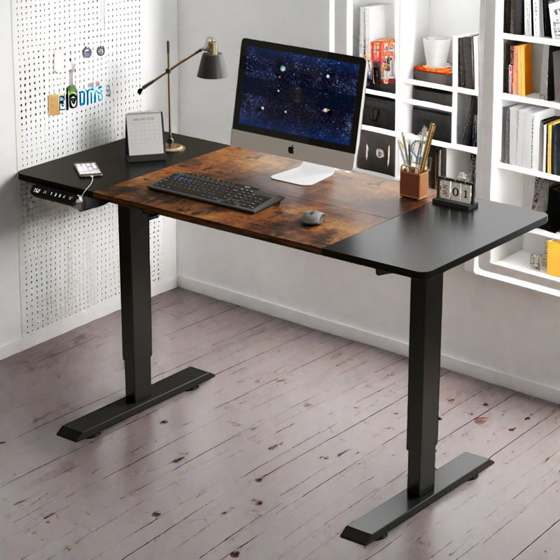 Electric Adjustable Standing Desk for Home Office and Gaming, 55" Top, Black , Black/Brown 