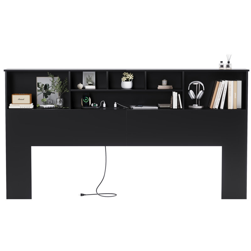 Modern Wooden Bookcase Headboard with Adjustable LED Lights & Charging Station – Queen & King Sizes,, KING, Black