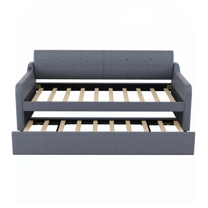 Versatile Upholstered Daybed with Pull - out Trundle and USB Charging, Ideal for Extra Sleeping and Relaxing at Home, Gray