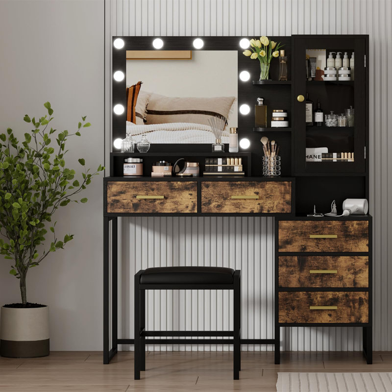Meuble-lavabo 43 po avec miroir et lumières, coiffeuse avec tabouret | Miroir lumineux à DEL avec 10 ampoules, tiroirs, tablettes et station de charge, coiffeuse avec fauteuil pour chambre à coucher, noir