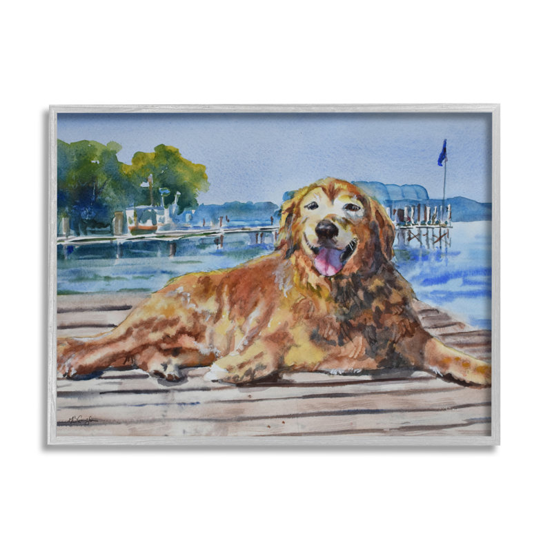 «Coastal Waterfront Scenery Golden Retriever Relaxing Dock» par MB Cunningham - Peinture, H 24 po x l 30 po x P 1,5 po