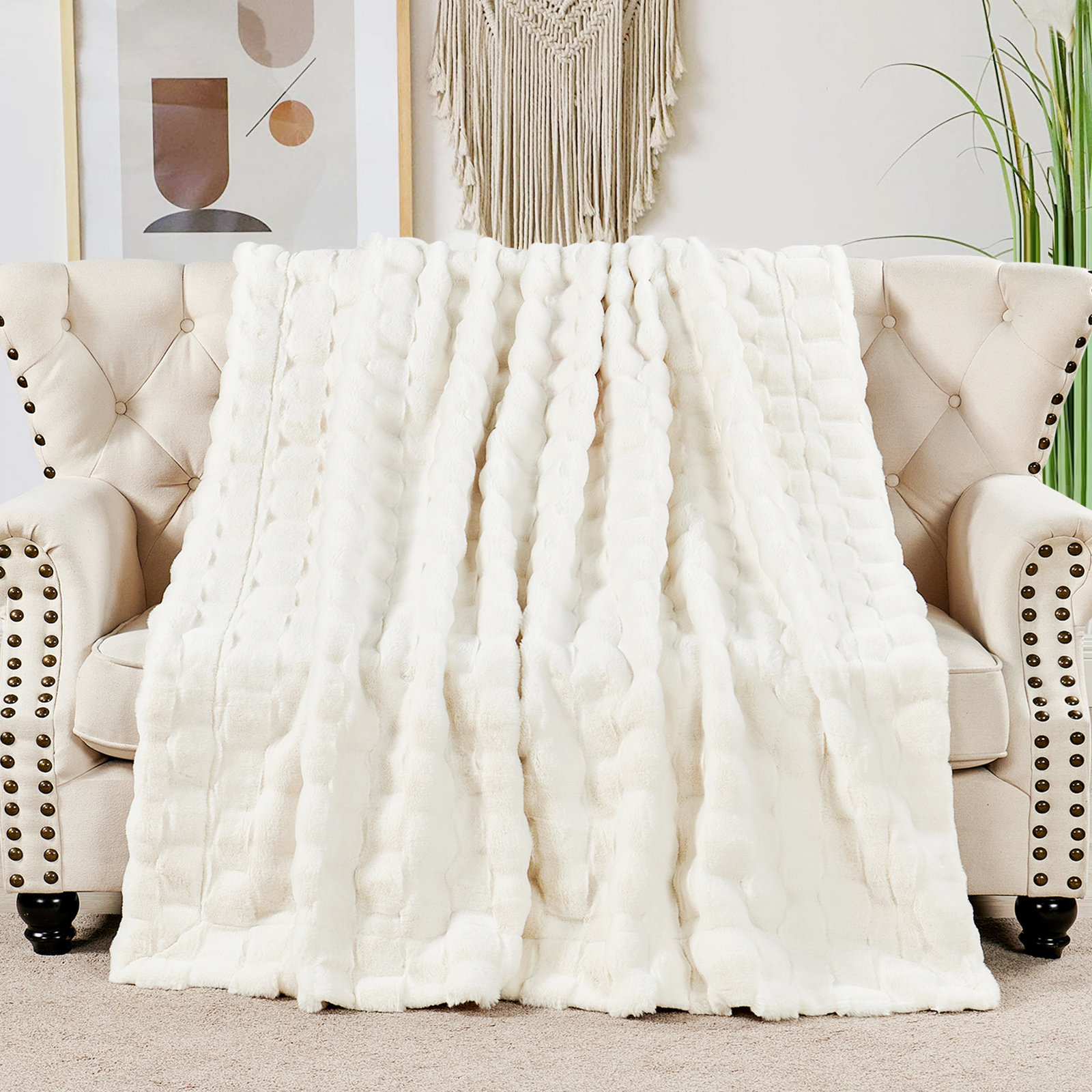 Biscoe Faux Fur Knitted Throw Blanket, White, 60"W x 70"L