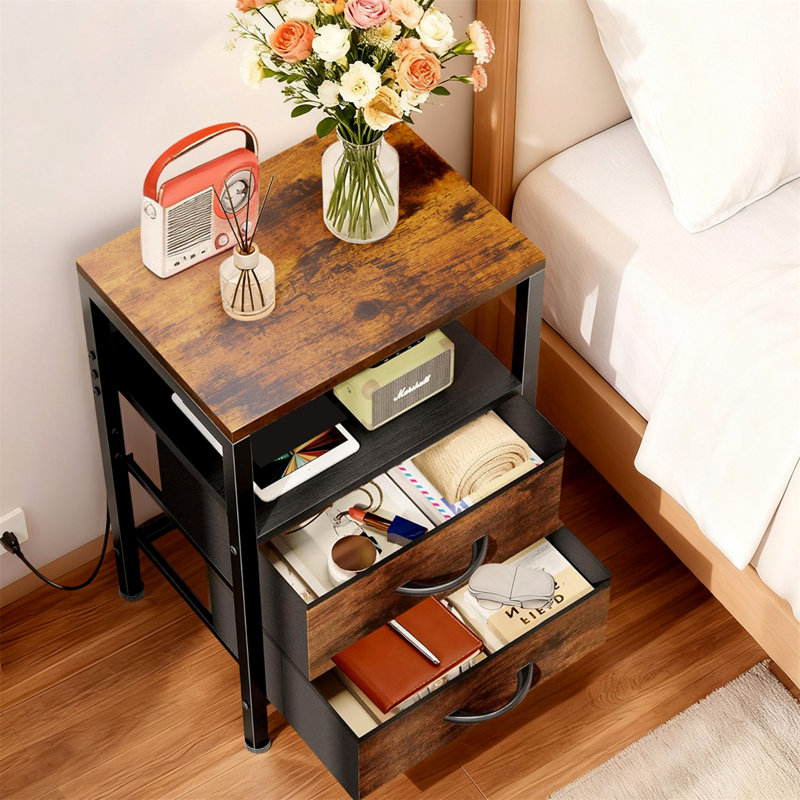 Night Stand With Charger Station, 2 Drawer Nightstand, Bed Side Table With Fabric Dresser End Table For Bedroom, Brown/Black