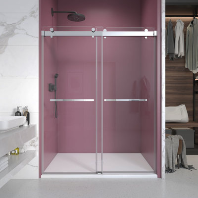 Porte de douche coulissante double sans cadre de 68 à 72 po x H 76 po avec verre transparent de 3/8 po (10 mm) en chrome