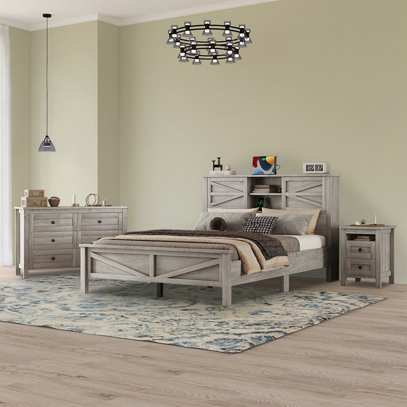 Ensemble de chambre à coucher grand lit 3 pièces avec table de chevet et commode Majunew, gris