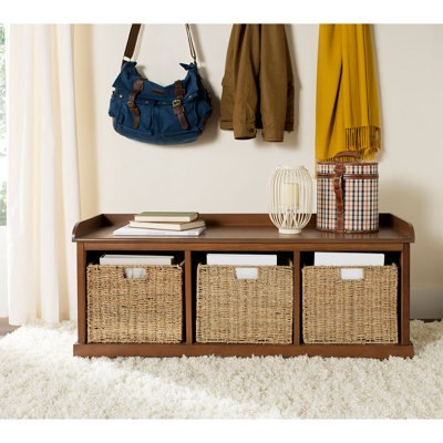 Aniella Faux Leather Upholstered Modern Storage Bench, Pine Wood Woven 3 Baskets for Mudroom and Entryway