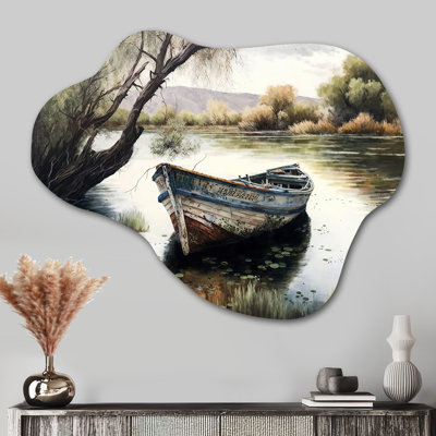 Fishing Boat In The River - Cloud Boat Fishing Metal Wall Decor, Asymmetrical Metal Wall Sculpture Print